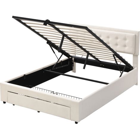 Letto contenitore 140 x 200 in velluto beige con rete, testiera regolabile e 2 cassetti (1/5)