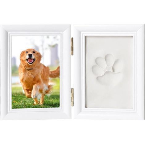 Cadre photo empreinte de patte chien et chat 23 x 15 cm – Cadre double pliable avec argile pour empreinte – Cadre commémoratif pour animaux de compagnie – Blanc (1/5)
