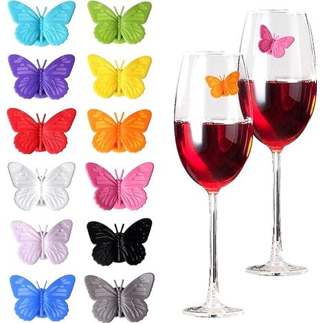 Lot de 12 marqueurs en silicone pour verres à vin – Décorations en forme de papillon pour verres à pied, marqueurs de boissons, étiquettes d’identification colorées pour verres à champagne, mariages,  (1/4)