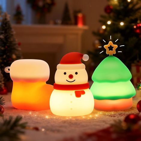 Lot de 3 Veilleuses Noël Silicone - Bonhomme Botte Sapin - Lumière Multicolore Rechargeable USB - Décoration Intérieure et Chambre Enfant (1/5)