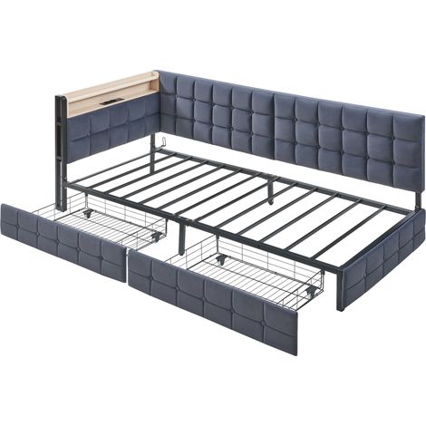 Lit banquette capitonné 90 x 200 cm gris avec 2 tiroirs, LED, ports USB et Type-C, HOMVRA (1/5)