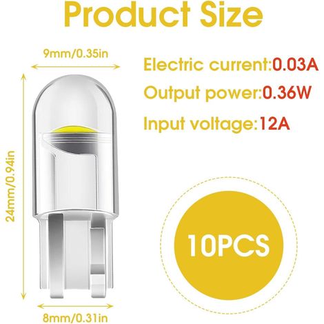 Confezione da 10 lampadine LED per auto W5W T10 - Illuminazione interna ad alte prestazioni, 6500K 120LM COB - Sostituzione universale per 168, 2825, 194 (1/4)