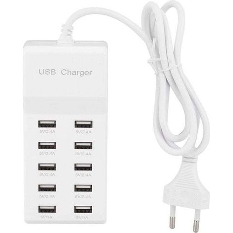 Fdit Chargeur Mural USB 10 Station de Chargement USB Multi-Ports 100-240V Bandeau d'alimentation pour hub USB de Voyage avec Cordon pour Plusieurs appareils(UE)