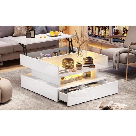 Table basse relevable 80 x 80 x 45 cm blanche brillante, LED, 2 tiroirs, rangement caché et verre trempé (1/5)