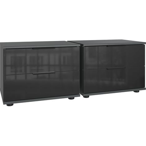 Lot de 2 tables de chevets, table de nuits avec 2 tiroirs coloris Graphite, et verre noir  - Longueur 104 x Hauteur 40 x Profondeur 38  cm (1/2)