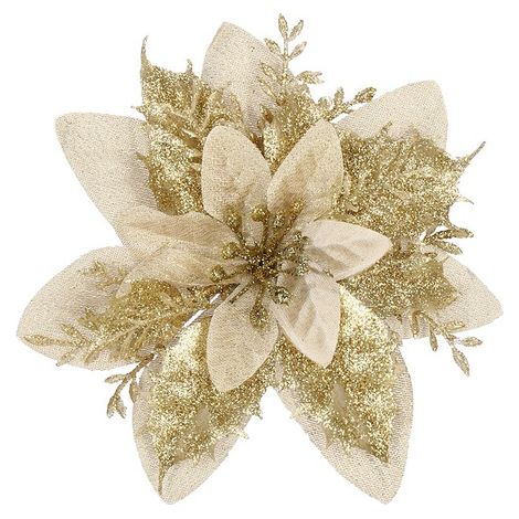 Poinsettia - künstliche Blume, cremegoldener Weihnachtsstern mit Glitzer