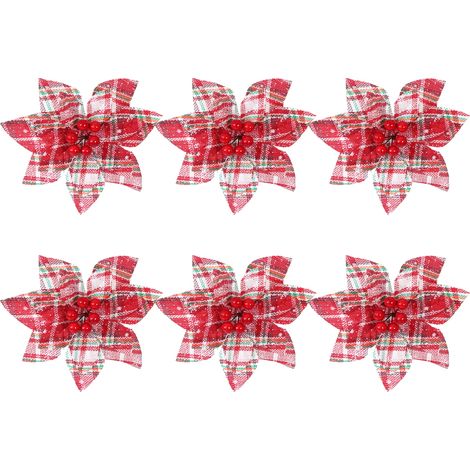 Fleur De Noël En Plaid - Tige En Fil Métallique Souple - Pour Arbre De Noël Couronne Décoration De Mariage Festive - Lot De 6 (1/5)
