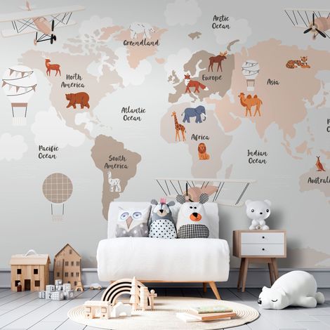Carta da parati fotografica - Mappa del mondo in tonalità beige per la cameretta dei bambini. (1/4)