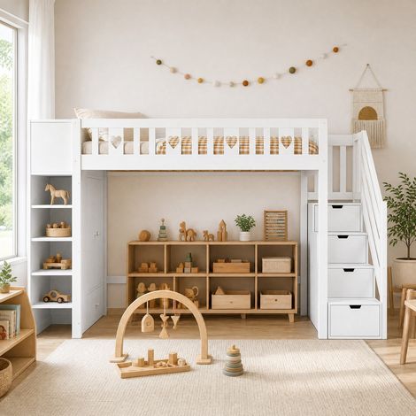 Cama alta 90x200 cm con escalera de almacenamiento, estantes y armario abatible, espacio libre inferior, en madera de pino y MDF, blanca, ideal para niños CHICFURN (1/5)
