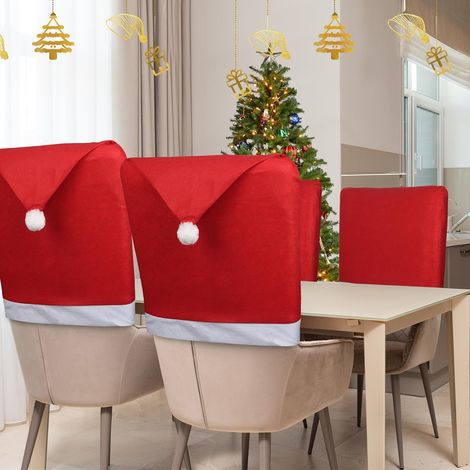 Lot de 4 housses de chaise de Noël, housses de dossier de chaise rouge, housses en chapeau de Père Noël pour décoration de Noël, cuisine et vacances. (1/4)