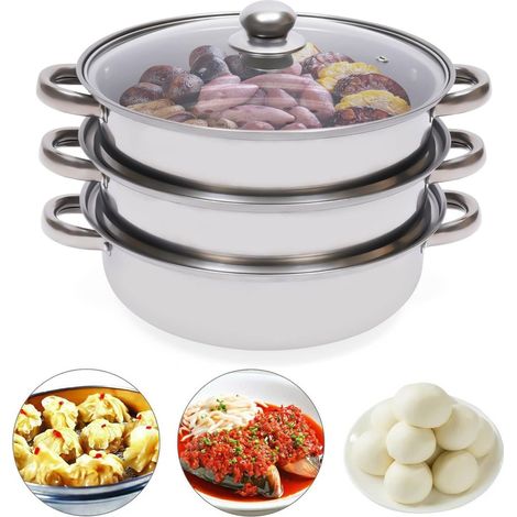 Dampfgarer Edelstahl Dampf Topf Set Dampf Kochtopf Kochtopf mit Glasdeckel Dampfgarer 28cm (3 Stöckiger)