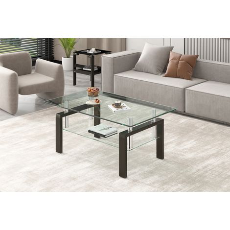 Couchtisch 100x60x44 cm aus transparentem Sicherheitsglas und Metall mit Ablage – MEUBLIV (1/5)