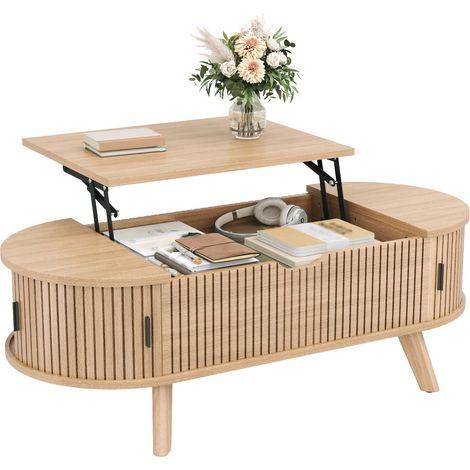 Tavolino da caffè ovale elevabile 110x50x53.5 cm, con ampio vano nascosto, ante scorrevoli, MDF naturale (1/5)