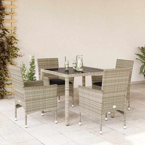 Set comedor jardín 5 pzas y cojines ratán PE vidrio gris claro vidaXL