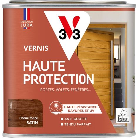 V33 – Vernis extérieur haute protection microporeux pour bois – Résistant aux UV et intempéries – Application verticale anti-goutte – 0,5L satin