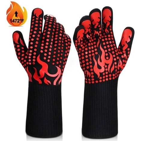 Hitzebeständige Grillhandschuhe bis 740°C, aus rutschfestem Silikon, lang für Küche, Backen und Schneiden.