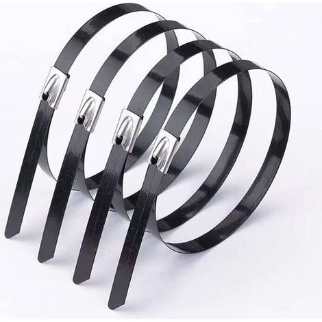 Attaches de câble en acier inoxydable, paquet de 100 pièces, acier inoxydable noir 304, autobloquantes, résistantes aux hautes températures et à l'oxydation, attaches de câble de 4,6 mm (4,6 x 200 mm) (1/5)