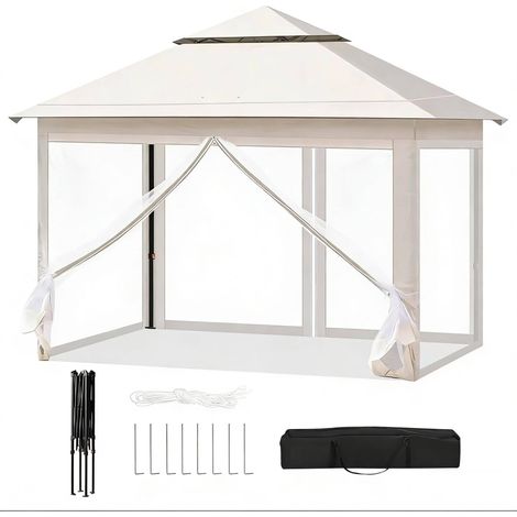 Pavillon de jardin pliant 3x3 m beige avec double toit, moustiquaire, hauteur réglable 256/266/276 cm, toile Oxford 210D, transport facile CHICFURN (1/5)