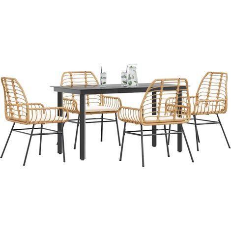 5-tlg. Garten-Essgruppe mit Kissen Braun Poly Rattan Glas