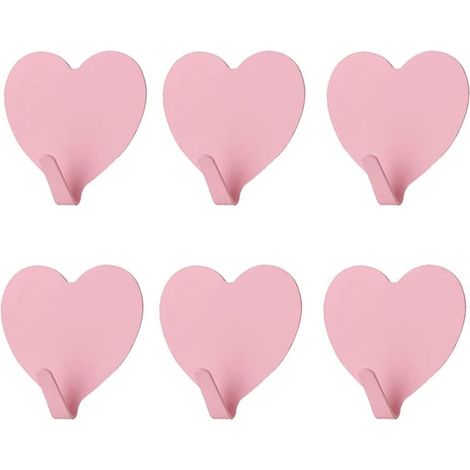 Lot de 6 crochets muraux décoratifs en forme de cœur, (rose clair) Crochet mural adhésif solide en acier inoxydable pour la maison, la cuisine, la salle de bain, le bureau