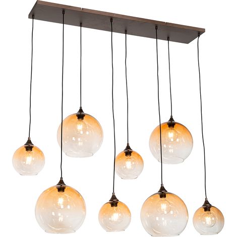 Smarte Pendelleuchte Dunkelbronze mit bernsteinfarbenem Glas 8-flammig inkl. 8 Wifi G95 - Sandra