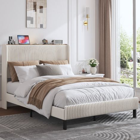 Lit adulte - lit 140x200 cm -  tête de lit ailetée, sommier à lattes - tissu pelucheux corde - beige (1/5)