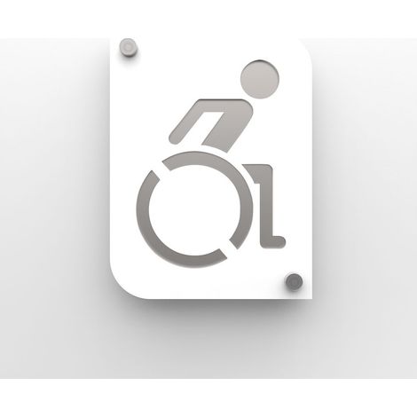 Pictogramme toilettes handicapés PMR - plaque porte design PMMA blanc - fond personnalisable - 20x15 cm, 2 plaques, fixation inox (1/4)