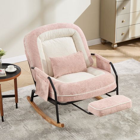 MODFU – Sillón mecedor reclinable de piel sintética con respaldo 100-160°, reposapiés retráctil, bolsillos laterales y cojín móvil – Rosa (1/5)