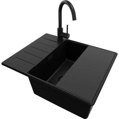 PRIMAGRAN Evier Cuisine en Granit 62x50cm, Lavabo 1 bac + Kit de Vidage + Accessoire, Évier à Encastrer au meuble 50cm - Copenhague, Tout Noir (1/5)