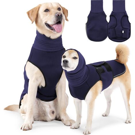 Veste de Peur Gilet de Calme pour Chiens avec Cache-Oreilles et Capuche Manteau Anti-anxiété réglable pour Chien Bande réfléchissante Bleu foncé S (1/5)