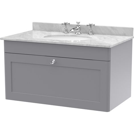 Nuie Classique Satin Grey 800mm Wall Hung Single Drawer Vanity Unit with Grey Marble Countertop and Round Basin with 3 Tap Holes - CLC296GR3 (1/2)