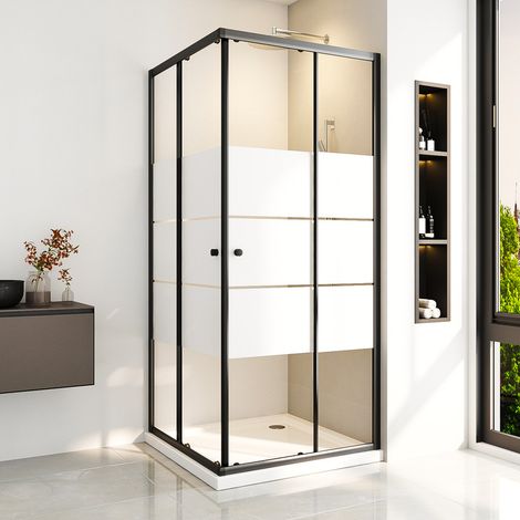 Duschkabinen Schiebetür 90x90 cm Schwarz Eckeinstieg Duschabtrennung mit Doppel Schiebetüren aus 6mm ESG Glas mit Milchglas-Streifen, Höhe 185cm (1/5)