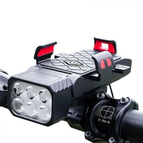 Éclairage vélo 4 en 1 avec klaxon, support de téléphone et fonction batterie externe - disponible en rouge. (1/5)