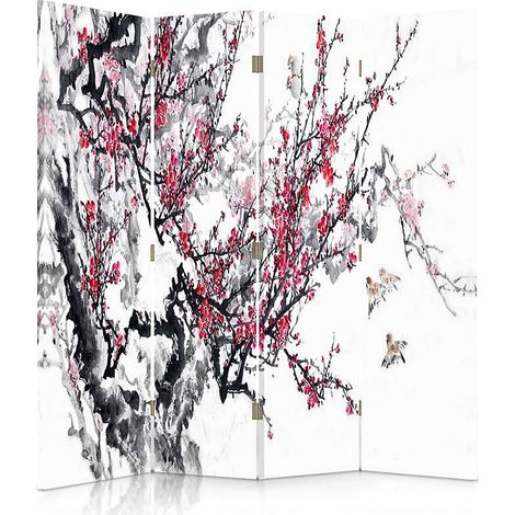 Paravent motif cerisier du Japon pour intérieur zen - 145 x 150 cm - 2 faces R° V°