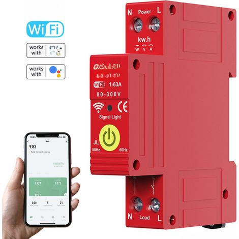 Disjoncteur intelligent monophasé à réenclenchement automatique, montage sur rail DIN, protection contre les surtensions, contrôle via application mobile, compatible avec Google Assistant (1/5)