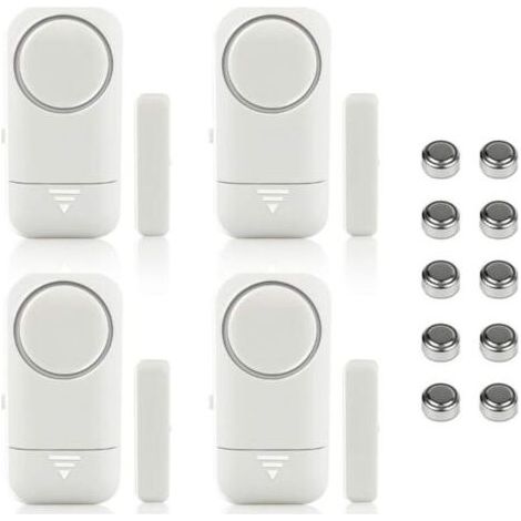 Lot de 4 alarmes magnétiques pour fenêtre et porte - Alarme maison- Système anti-vol sans fil - Piles incluses- Anti-Intrusion Anti-Vol Contre Cambriolage Détecteurs 120dB Sirène avec Piles- Blanches (1/4)