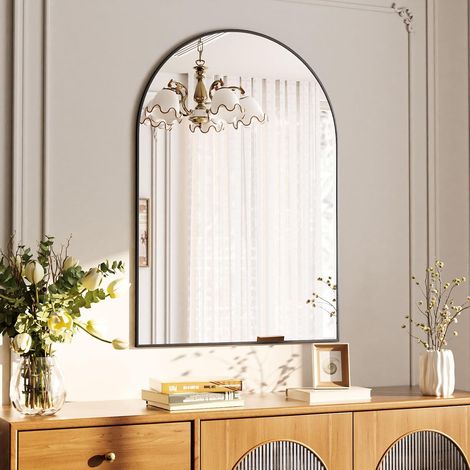 Miroir mural 51 x 76 cm avec cadre en aluminium, miroir mural décoratif HD, miroir de maquillage pour salle de bain, dressing, salon, miroir incassable, noir (1/5)