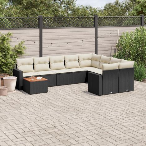 Salon de jardin modulable 10 pcs résine tressée noire avec coussins blanc crème, 79.1kg - PANGIVO (1/3)
