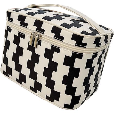 Trousse de maquillage grande capacité, zip brillant, sac cosmétique de voyage avec poignée solide, noir blanc cube (1/5)
