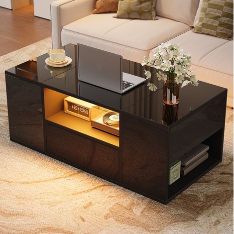 Table basse rectangulaire 100x50x40 cm avec LED, 1 tiroir, 2 compartiments et 6 espaces de rangement, noire (1/5)