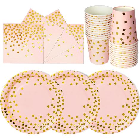 Set di stoviglie da 90 pezzi color oro rosa per feste di compleanno, per 30 persone, con piatti di carta, bicchieri di carta usa e getta e tovaglioli, ideale per barbecue, feste e picnic. (1/5)