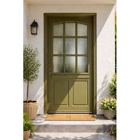 Puerta de entrada de madera con cristalera Andore verde gris oliva, H.215xL.80 cm, lado de la tabla derecha, pomo, cilindro, GD MENUISERIES