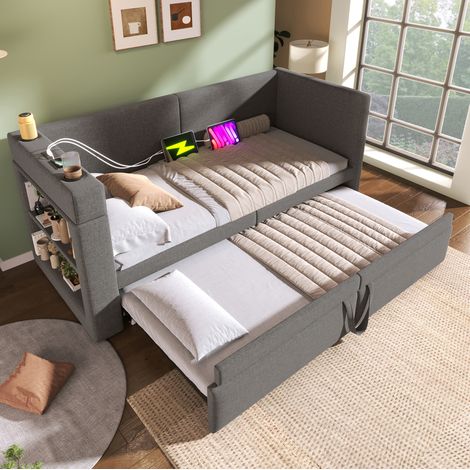 canape convertible 90x200 avec lit gigogne gris HAVRYA (1/5)
