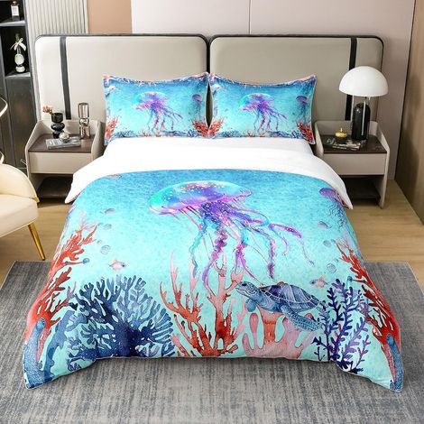 Méduses Coton Sets de Housse de Couette Tortue Parure de Lit 240x260cm Océan Thèmes Housse de Couette Sea Le Monde sous Marin Organismes Marins Parure Housse de Couette - 260 x 240 cm + 2 taies d'orei (1/5)