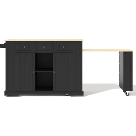Îlot de cuisine mobile en MDF noir avec table escamotable, prises EU et USB, 138 x 55 x 93 cm (1/5)