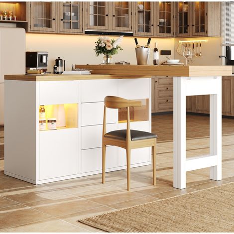 Isla de cocina giratoria 360° blanca con LED RGB, puertas de vidrio, 4 cajones, MDF/metal
