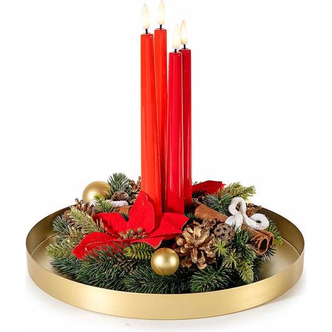 Centrotavola di Natale a vassoio in metallo con 4 candele magnetiche con fiamma a LED, con ghirlanda di Natale con aghi di pino e pigne decorate