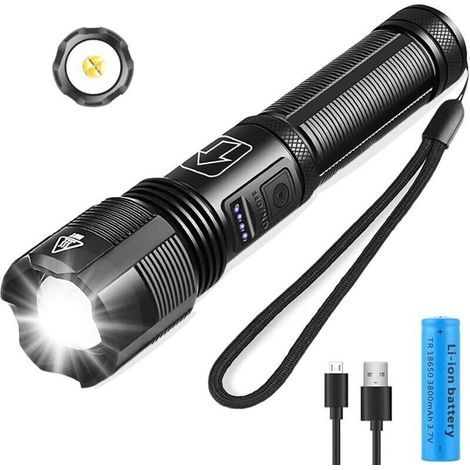 Lampes Torches LED XHP50 3000 Lumens - Pile 18650 Rechargeable 3800mAh - Zoom/Étanche/5 Modes - pour Camping, Randonnée, Urgences