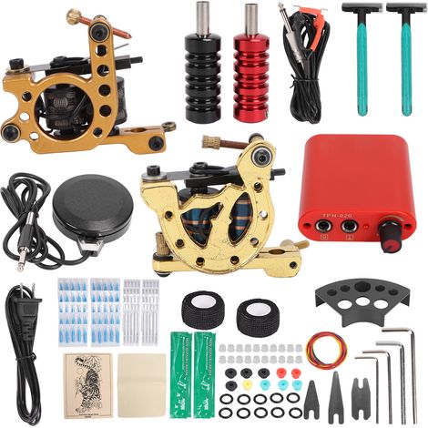 Kit complet machine à tatouer professionnelle, bloc d'alimentation 90-265V prise US, aiguilles jetables, crème réparatrice. (1/5)