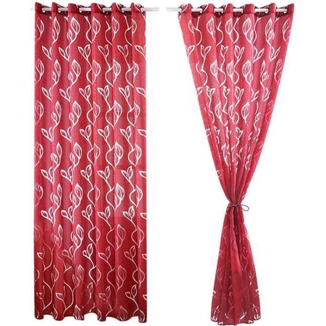 (Rouge)2 Pièces Rideaux Voilage Rouge 100x250 cm avec Motifs de Feuilles Décoration Élégante de Salon Chambre Salle à Manger (1/4)